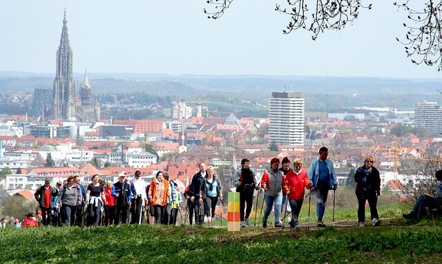 Grupa ludzi uprawiająca nordic walking